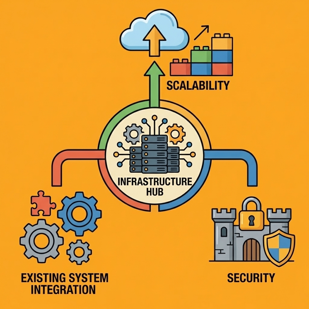 Central infrastructure hub connected to scalability, security, and existing system integration